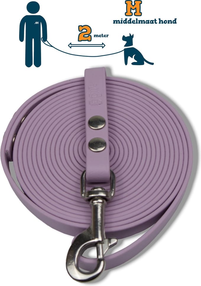 Miqdi hondenriem - BioThane ® - lila - 2 meter lang - 13 mm breed - M - middelmaat hond