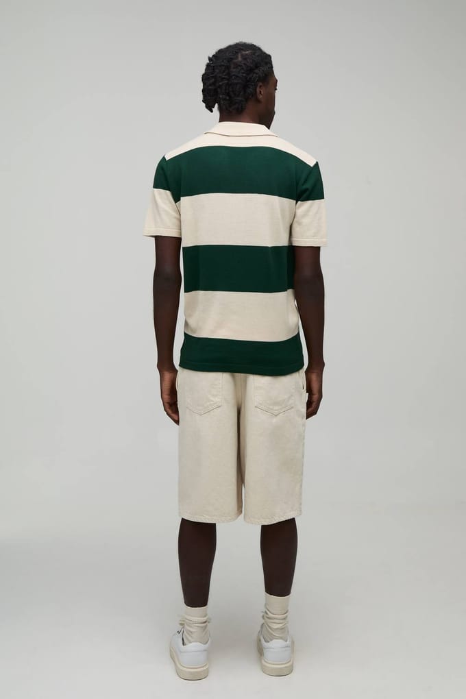 Regular Fit Revere Striped Knitted Polo T-Shirt | Forest | Size Small