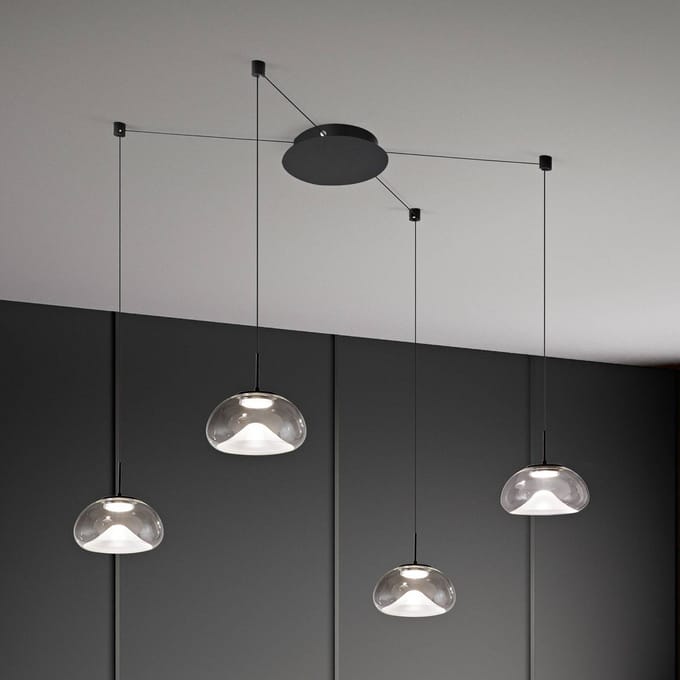 Fabas Luce LED hanglamp Brena, 4-lamps, helder, glas, CCT, dimbaar