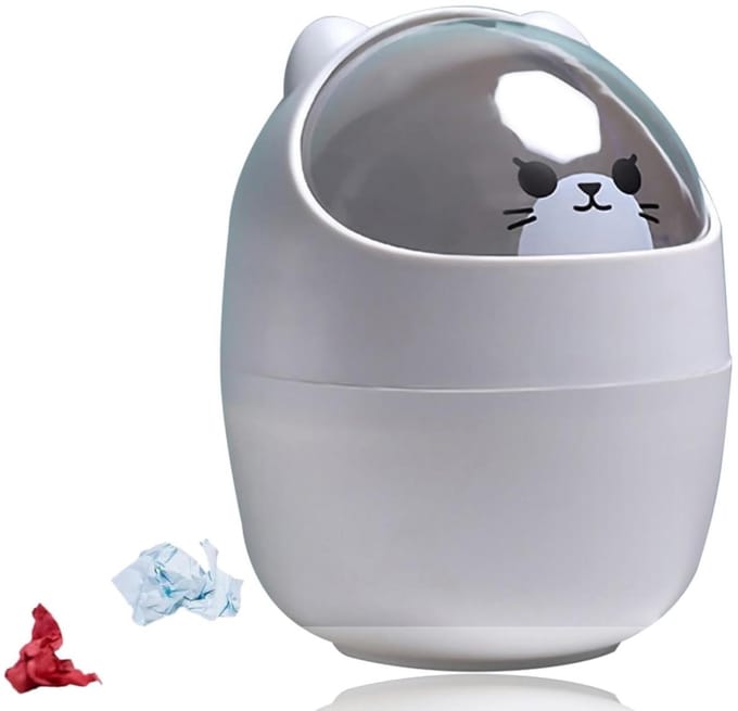 Mini Desktop Prullenbak Cartoon Kat Design - 500ml - Swing Deksel - Grijs - Bureau Organizer