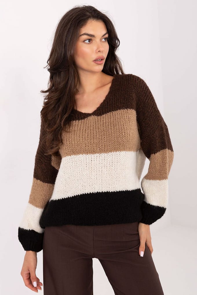 Striped V-Neck Sweater - Dunkelbraun / Einheitsgröße