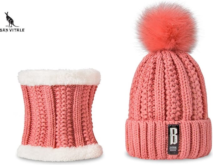 San Vitale® - Muts - Set met Col - Dikste kwaliteit - 200+ gram - Muts Dames - Wintermuts - Roze