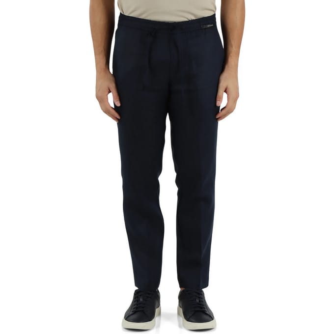 blauwe man linnen broek