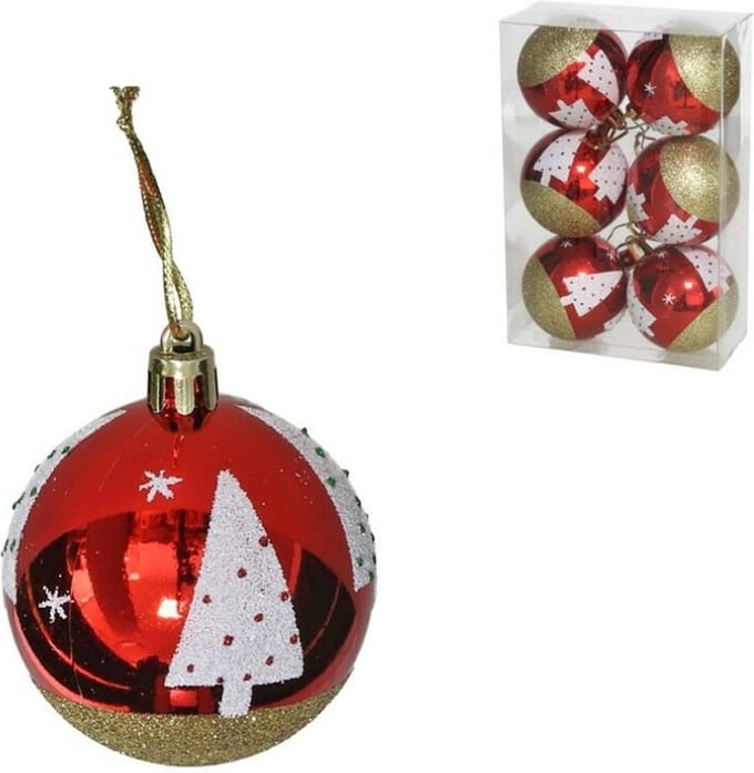 Gerimport Kerstballen- 6x - 6 cm - kunststof - rood met kerstboom