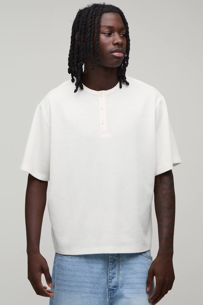 Relaxed Fit Waffle Henley T-Shirt | Ecru | Size Medium
