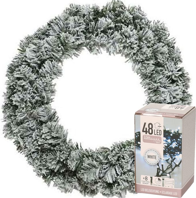 Decoris Kerstkrans - groen met sneeuw - D40 cm - incl. verlichting helder wit