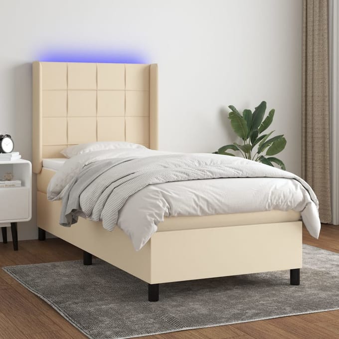vidaXL - Boxspring - met - matras - en - LED - stof - crèmekleurig - 90x190 - cm