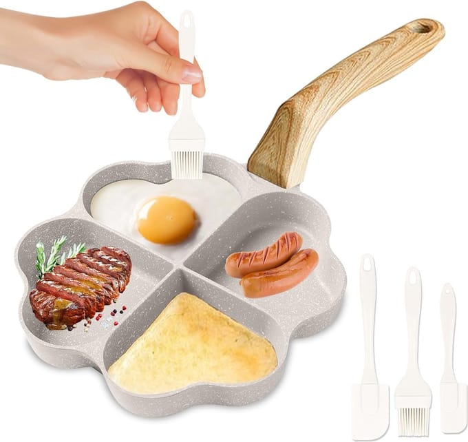 JGS ® Creatieve Hartvormige Eierpan met Vier Holtes en Houten Handvat voor Diverse Kookopties