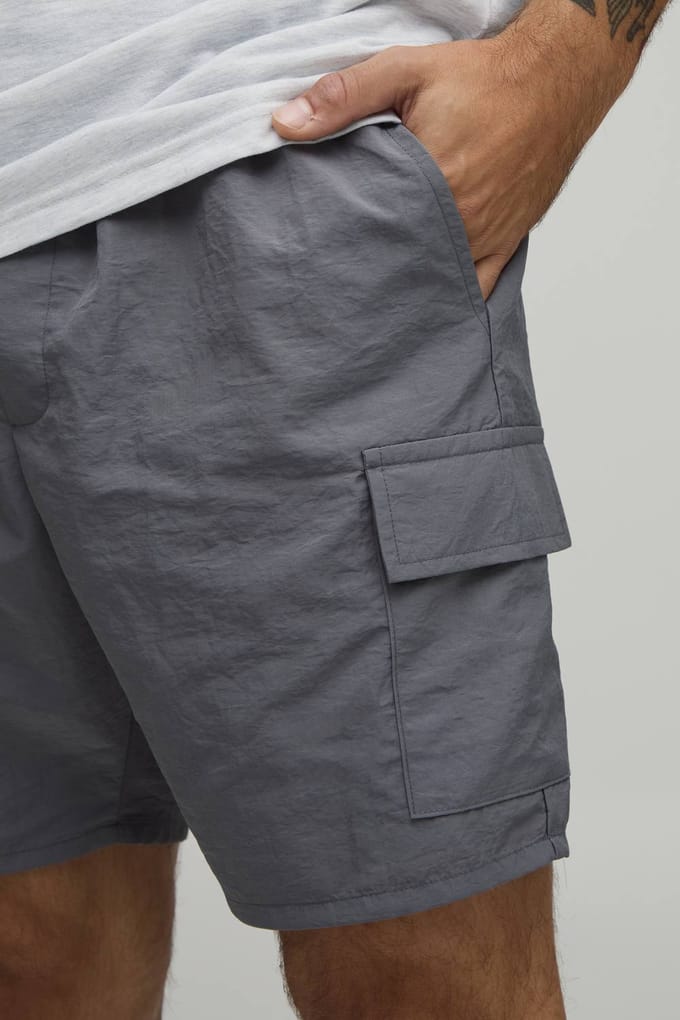 Essential Slim Fit Elasticated Nylon Cargo Shorts | Grey | Size Large