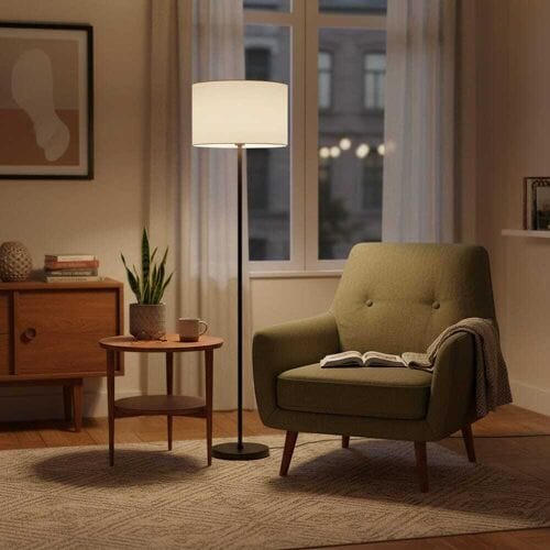 LUSENZ Lenyro - Zwarte Staande lamp Metaal 150 cm - Modern design - Woonkamer lamp  - Linnen kap - E27 fitting - Met voetschakelaar