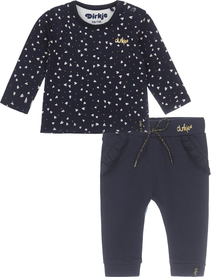 Dirkje Bio Basic SET(2delig) Blauw broekje en Shirt met hartjes - Maat 56
