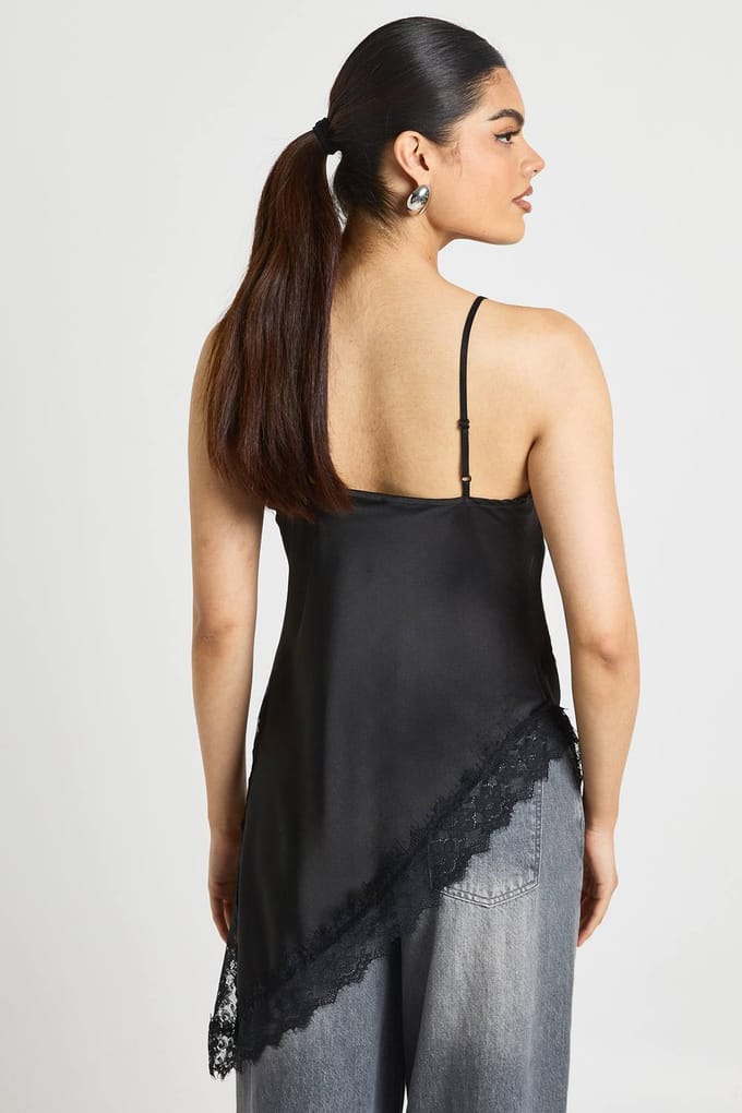 boohoo Dames Satijn Kant Longline Hemd | Zwart | Maat: 36