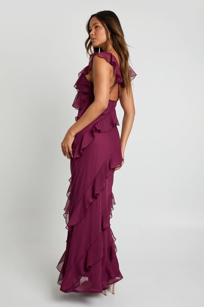 boohoo Dames Chiffon ruche bandjes maxi-jurk | Wijn | Maat: 44