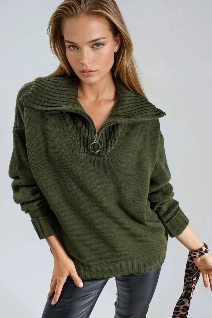 Oversized Geribde Gebreide Trui met Ritskraag