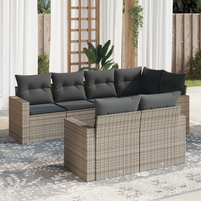 vidaXL - 7-delige - Loungeset - met - kussens - poly - rattan - grijs