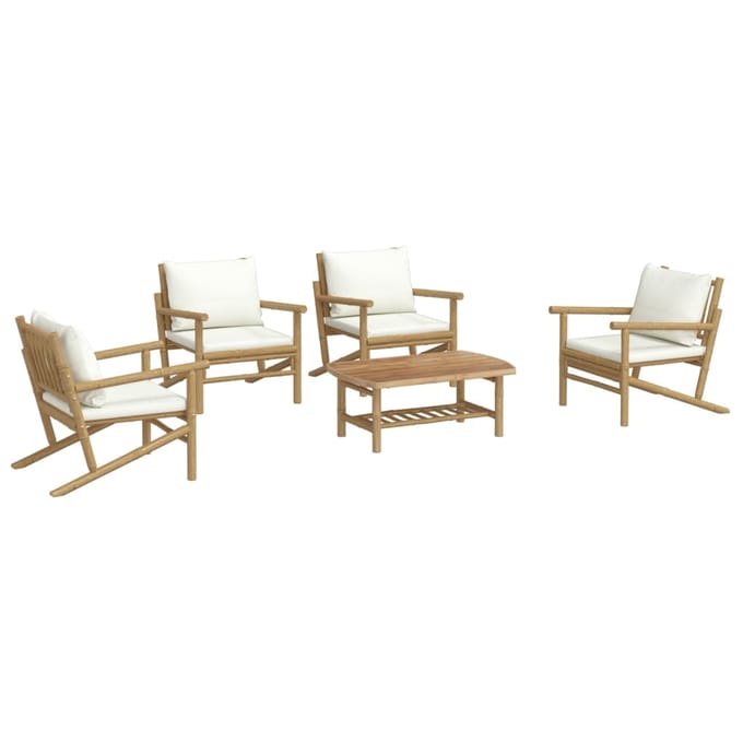 vidaXL - 5-delige - Loungeset - met - kussens - bamboe - crèmewit