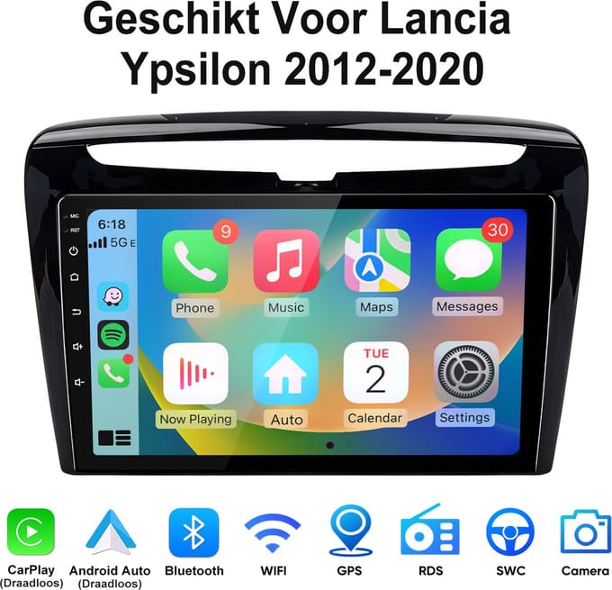 Junsun Android 15 CarPlay Autoradio Geschikt Voor Lancia Ypsilon 2012-2020 - Draadloze Andriod Auto - Bluetooth - GPS Multimedia Navigatiesystem - 9-inch Touchscreen - WiFi - USB - RDS - DSP - FM - Quad-core processor - 2GB+64GB