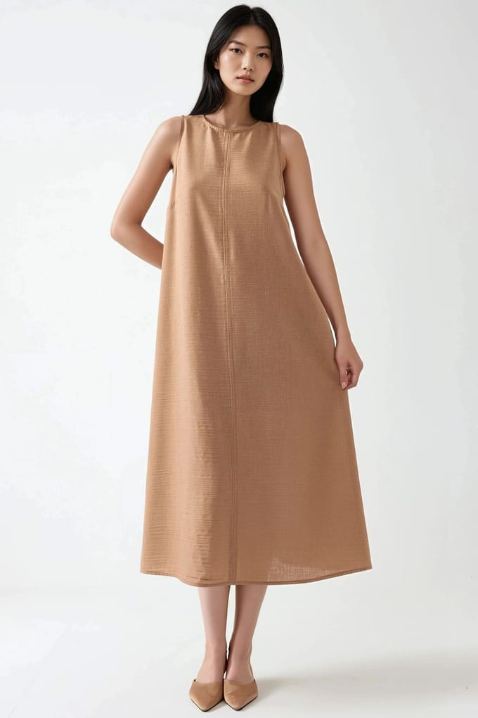 Linnenachtig Mouwloos Crew Neck Midi-jurk