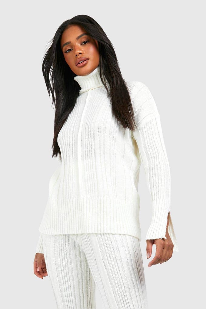 boohoo Dames Rolkraag zachte gemengde ribgebreide trui | Ecru | Maat: Medium