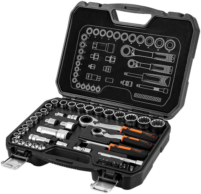 NEO TOOLS 10-019 - Doorvoerset - 1/4" + 3/8" - 46-delig - Chroom-vanadiumstaal