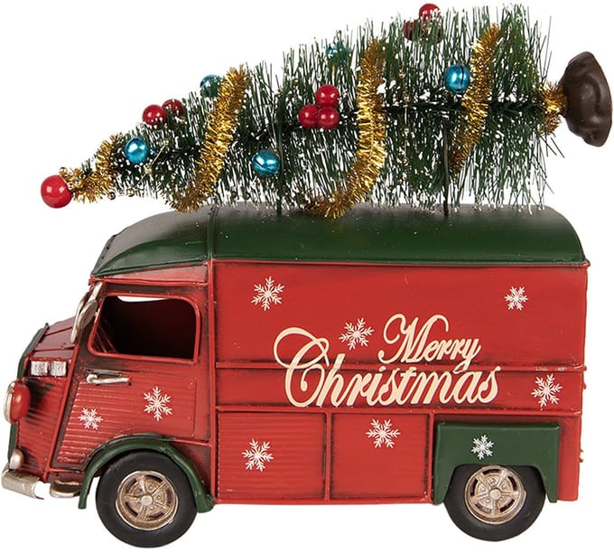 Clayre & Eef Kerstdecoratie Beeld Bus 21x10x17 cm Rood Metaal