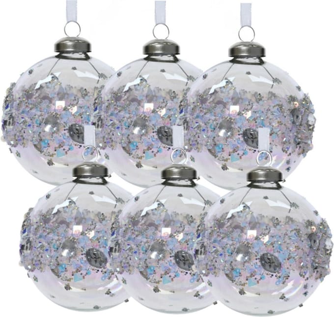 Decoris Luxe kerstballen - 6x stuks - 8 cm - transparant parelmoer - glas - gedecoreerd
