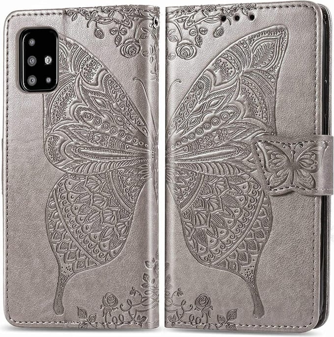 Geschikt voor Samsung Galaxy A71 Bookcase - Grijs - Vlinders - Portemonnee Hoesje