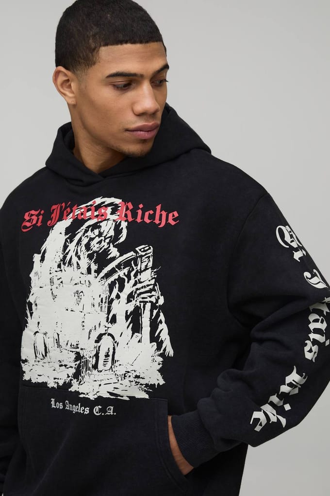 Oversized Gothic Gewassen Bedrukte Hoodie | Washed Black | Size Medium