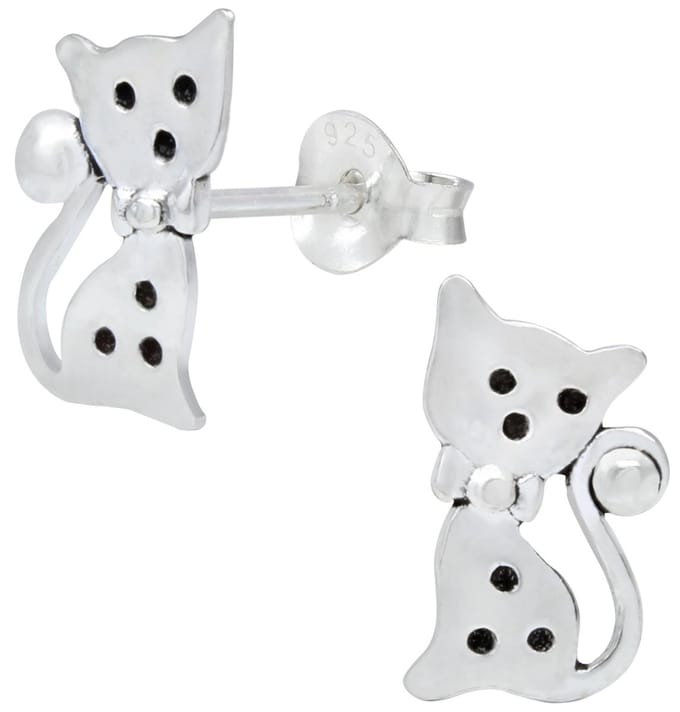 Joy|S - Zilveren kat poes oorbellen - 7 x 12 mm - geoxideerd