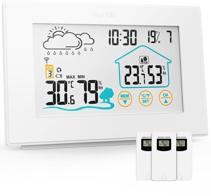 Draadloos Weerstation - Binnen en buiten - Weer monitoren - Drie buitensensoren - 5 inch display - Wit