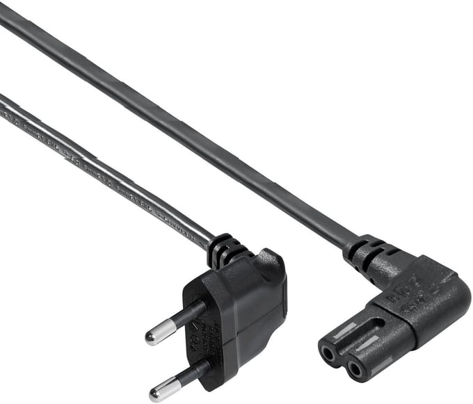 Goobay aansluitkabel eurostekker CEE 7/16 naar C7-bus, 0,5 m zwart, haakse 90° stekkers voor ruimtebesparende installatie van tv's en spelconsoles