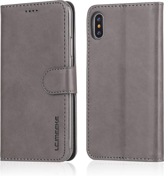 LC.IMEEKE Luxe Book Case - Geschikt voor iPhone X / Xs Hoesje - Grijs