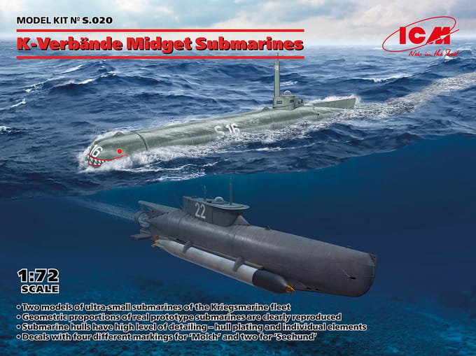ICM Modelbouwpakket Militaire voertuigen - S020 K-Verbande Midget Submarines - Seehund and Molch Plastic - 1:72 - Modelbouw