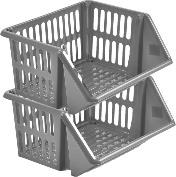 Whitefurze Mand/organizer - 2x - stapelbaar - grijs - 35 x 29 x 17 cm