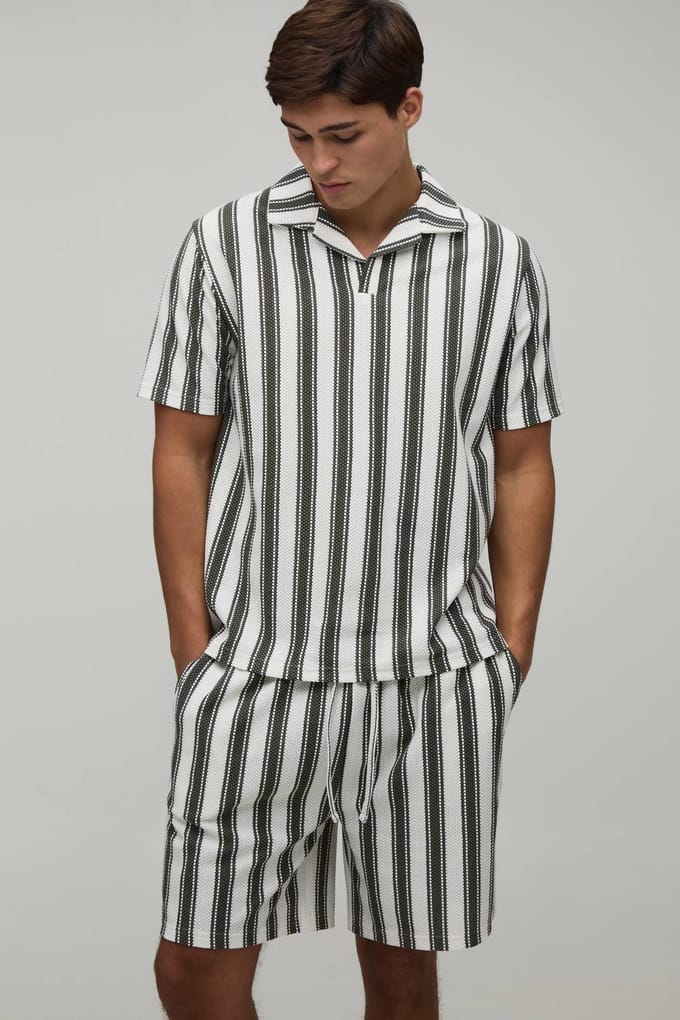 Regular Fit Gestreept Revere Polo & Shorts Set | Forest | Size Medium