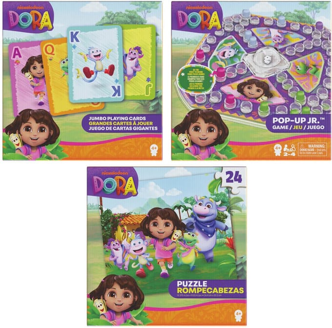 Spin Master Dora spellen en puzzel pakket met kaartspel en pop-up spel.