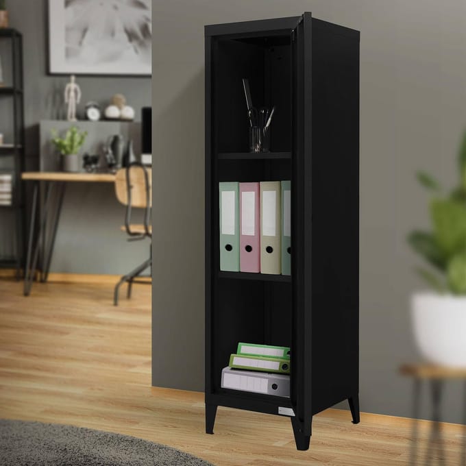 ML-Design archiefkast hoog, 38x38x137,5 cm, zwart, staal, vrijstaande kantoorkast met 4 poten, metalen locker enkele deur, 3 binnenvakken, opbergkast stalen kast metalen kast opbergkast