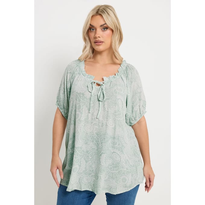 Yours Saliegroene Getextureerde Top Met Fijne Bloemenprint Size 46