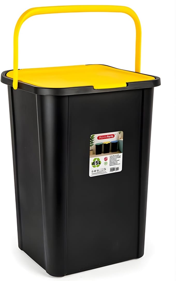 Plasticforte Recycling afvalbak - zwart/geel - 45 Liter - afsluitbaar - 34 x 40 x 54 cm - deksel - kunststof