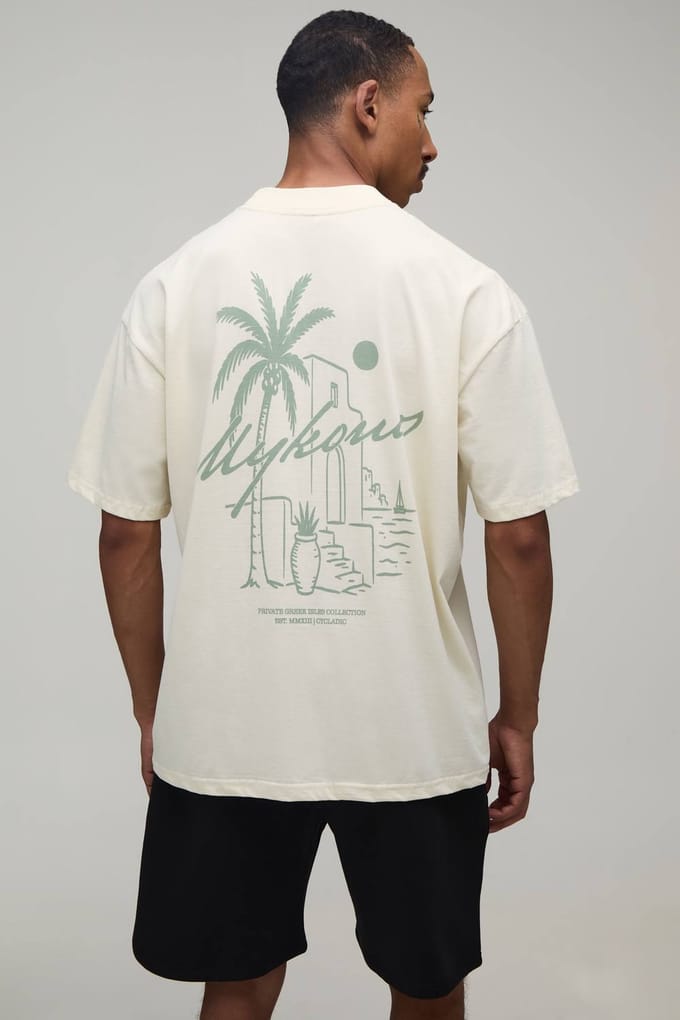 Oversized Set Met Verlengde Hals Mykonos Palmbomenprint T-shirt & Short | Ecru | Size Small