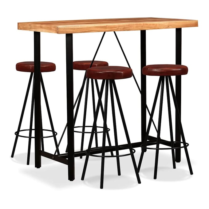 vidaXL - 5-delige - Barset - massief - acaciahout - en - echt - leer