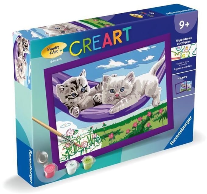 CreArt Kids 18x24cm Kittens in de hangmat, verf op nummer kit, vanaf 9 jaar, 25828, Ravensburger