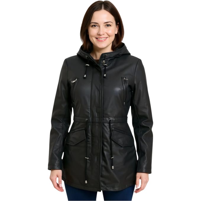 Zwarte leren parka met capuchon voor dames - Cairns