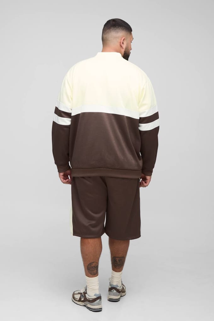 Plus Men's Tricot Colour Block Trekkraag Jas & Oversized Korte Set | Brown | Size 3XL