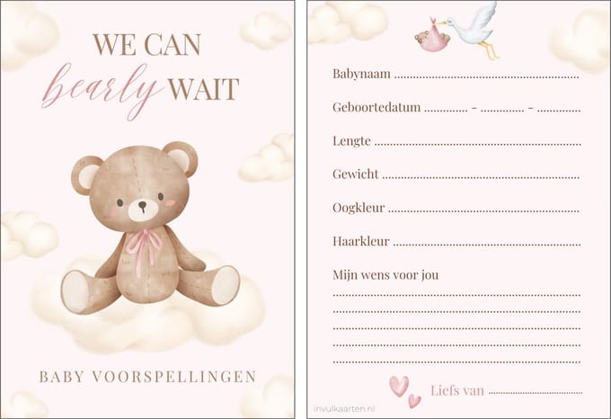 Babyshower invulkaarten 20 stuks | babyshower | babyshower voorspellingskaarten | babyshower kaarten | babyshower spelletjes | babyshower meisje
