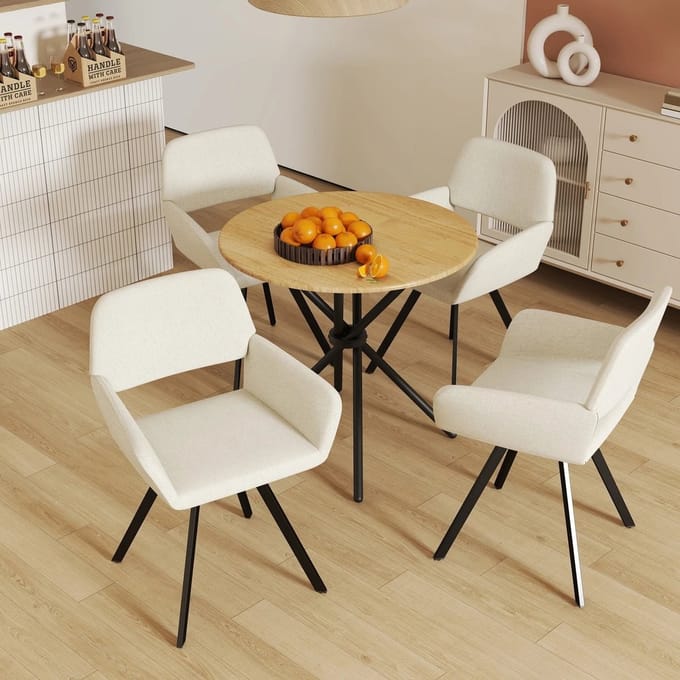 Eetkamerstoel Beige - Set van 2 - Gewatteerde Stof - Massief Hout.