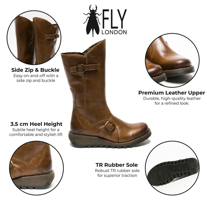Fly London Dames Camel MES 2 Wedge Heel Buckle Mid-Calf Leren Zip Platform Laarzen