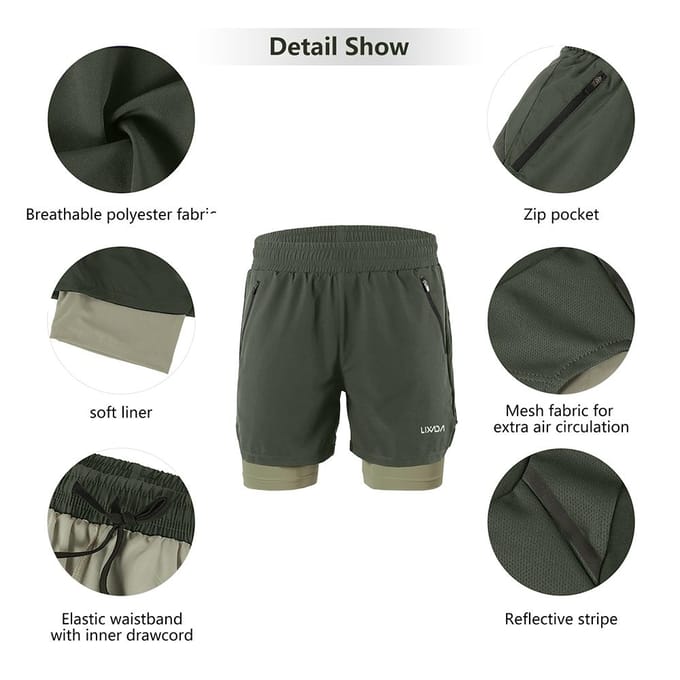 Lixada Heren 2 in 1 hardloopshort Sneldrogend Ademend Actieve trainingsoefening Jogging Marathon M gray