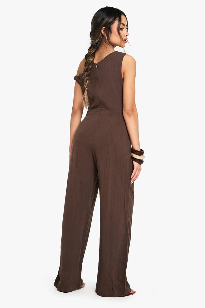boohoo Dames Linnen Look Twist Strap Jumpsuit | Chocoladebruin | Maat: 38