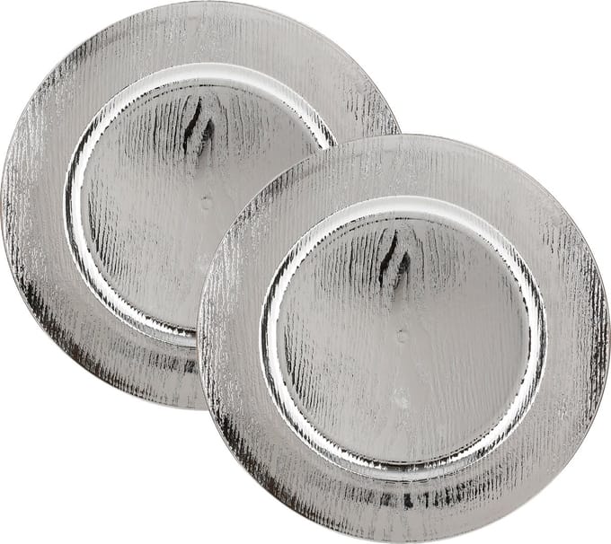 Feeric Diner/kerstdiner onderborden - 2x st - hout look - zilver - kunststof - D33 - rond